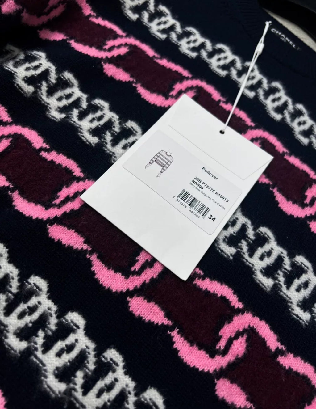 Chanel 23B navy blue, Burgundy, pink & white pullover