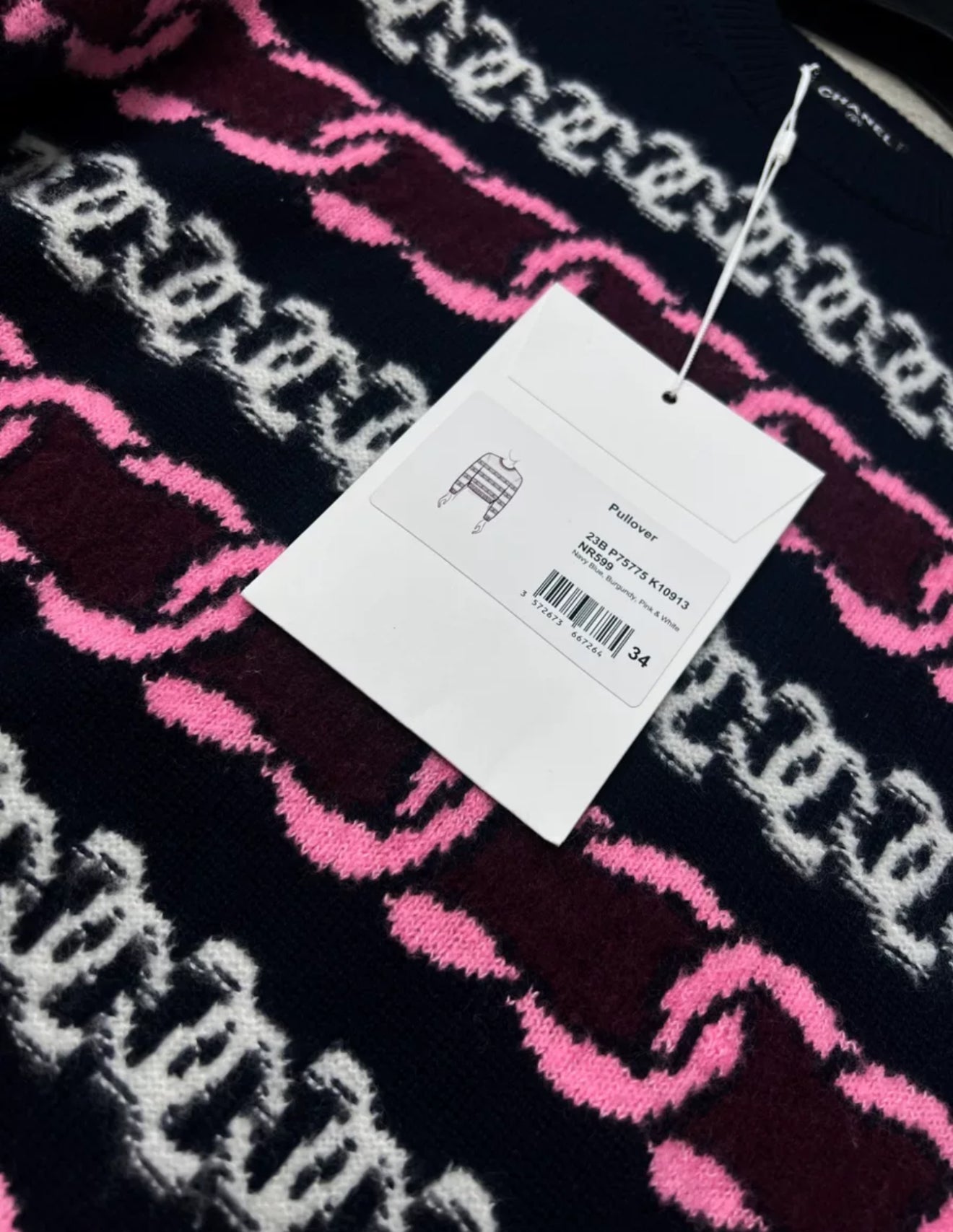 Chanel 23B navy blue, Burgundy, pink & white pullover