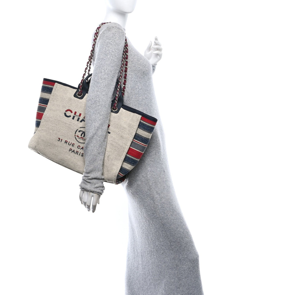 Striped Canvas Medium Deauville Tote Beige