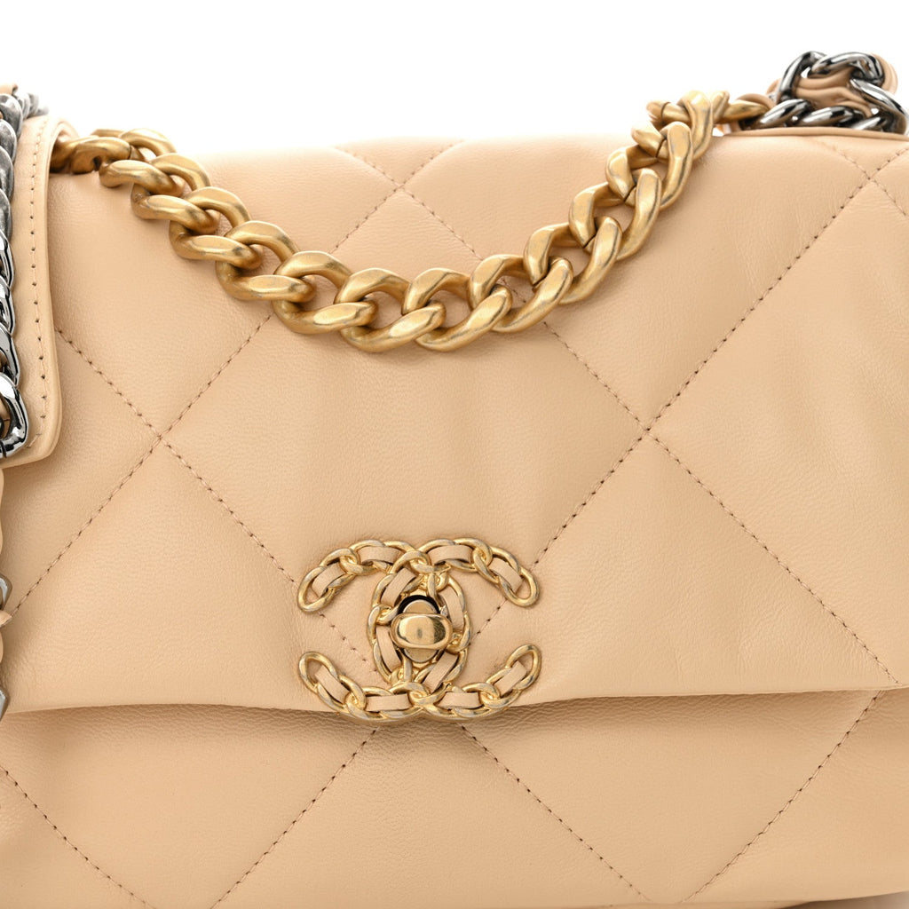 Shiny Goatskin Quilted Medium Chanel 19 Flap Beige