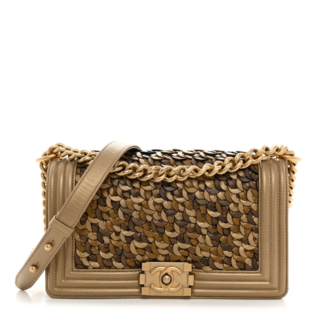 Metallic Lambskin Medium Scaled Boy Flap Gold