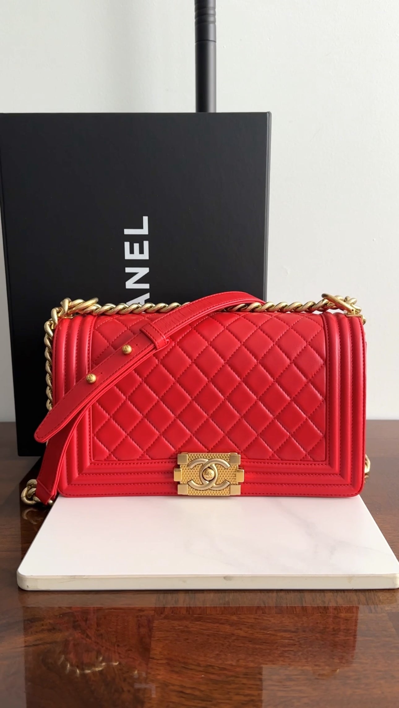 Chanel Red Quilted Lambskin Leather Medium Le Boy Bag GHW