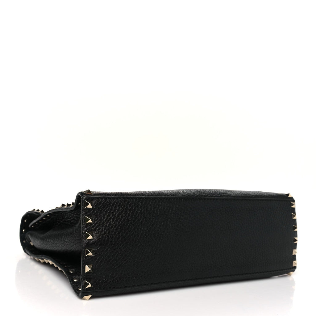 Pebbled Calfskin Rockstud Flip Lock Top Handle Bag Black