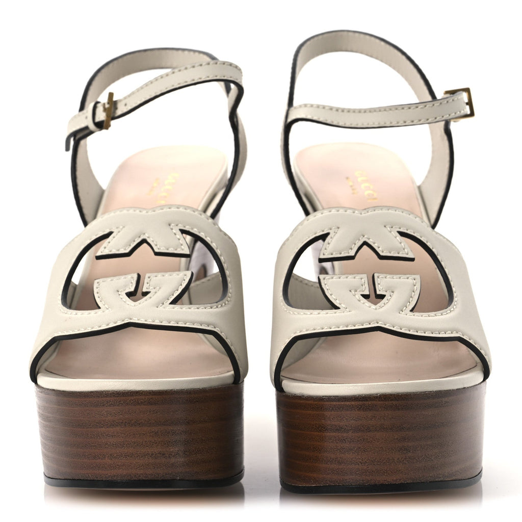 Cosmos Softy Calfskin Wooden Interlocking G Cut-Out 30/120mm Platform Sandals 40 Mystic White