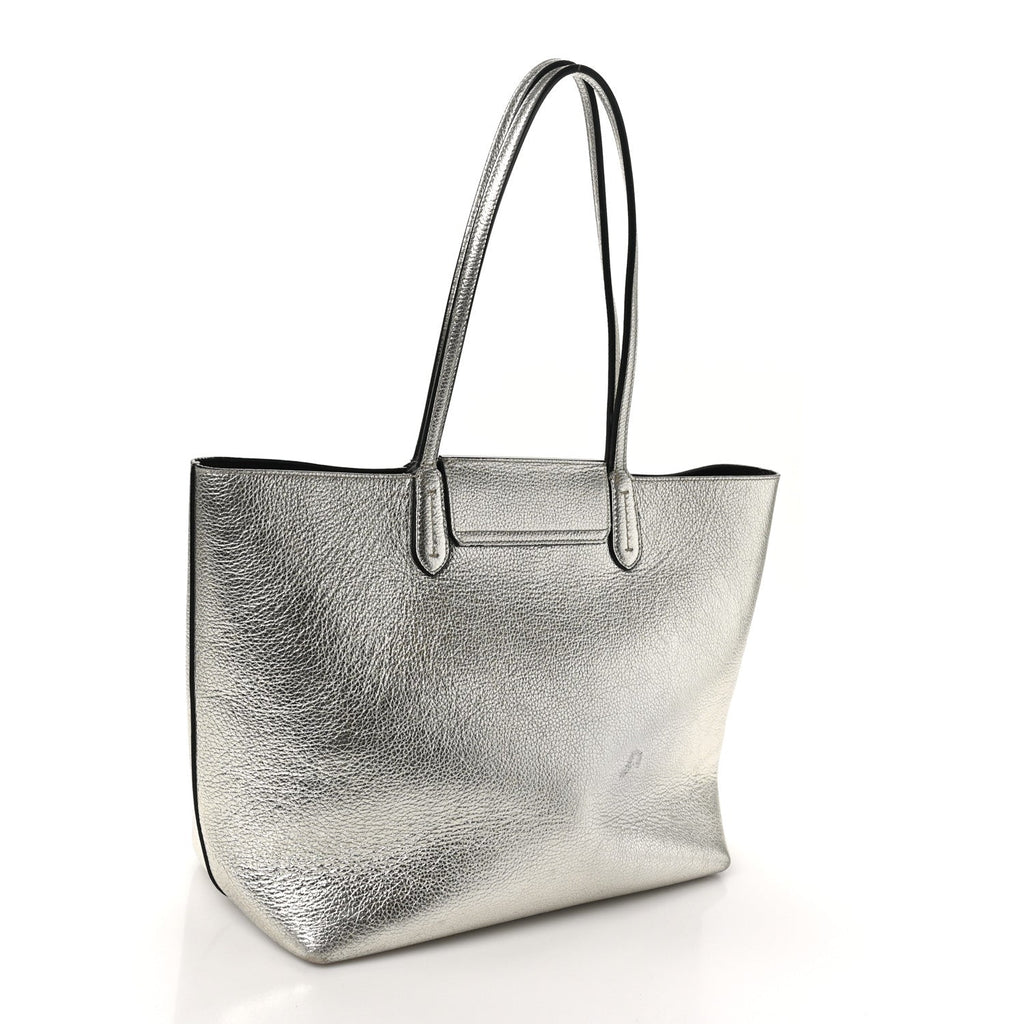 Metallic Grained Calfskin Travel Tote Silver