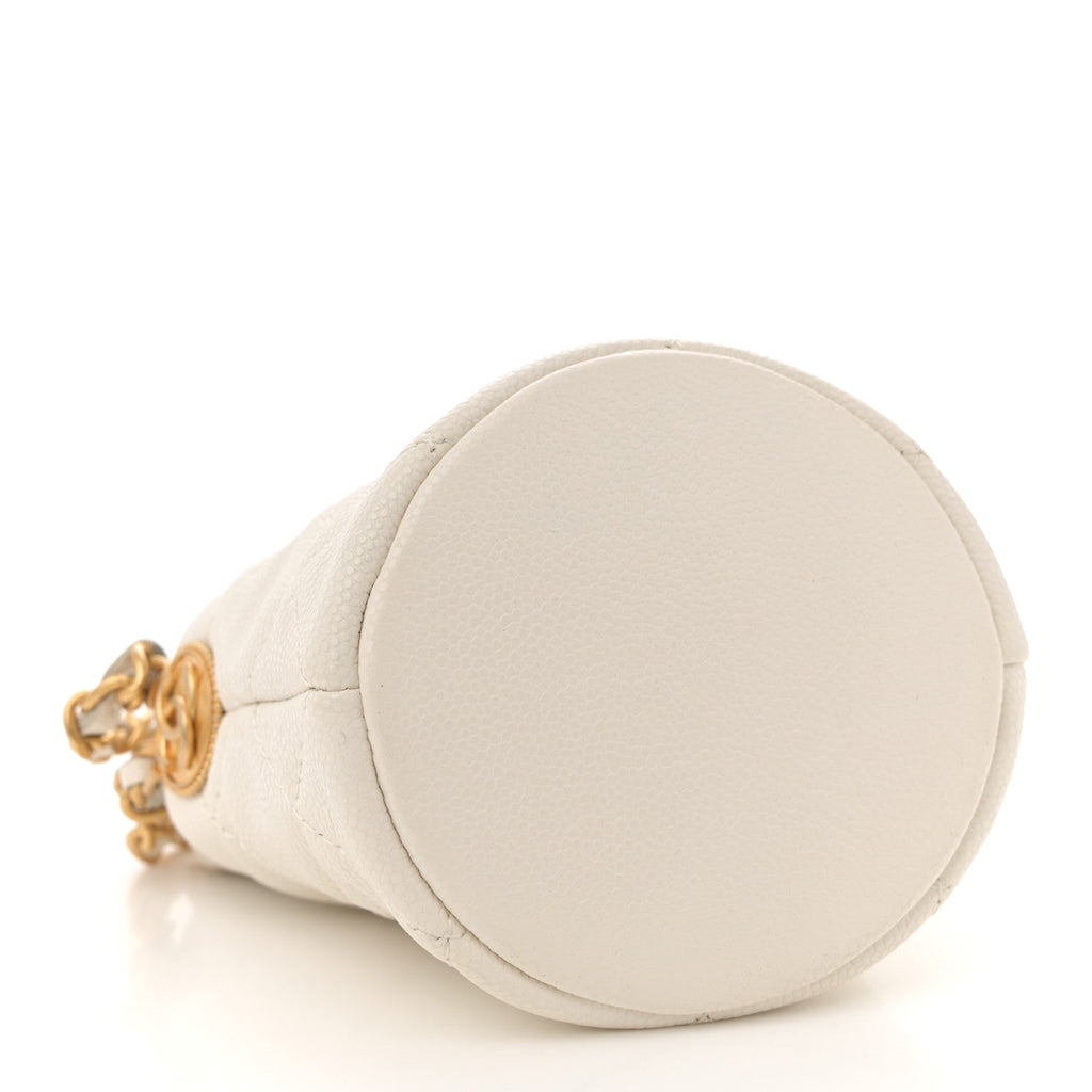 Caviar Quilted Twist Your Buttons Mini Bucket Bag White