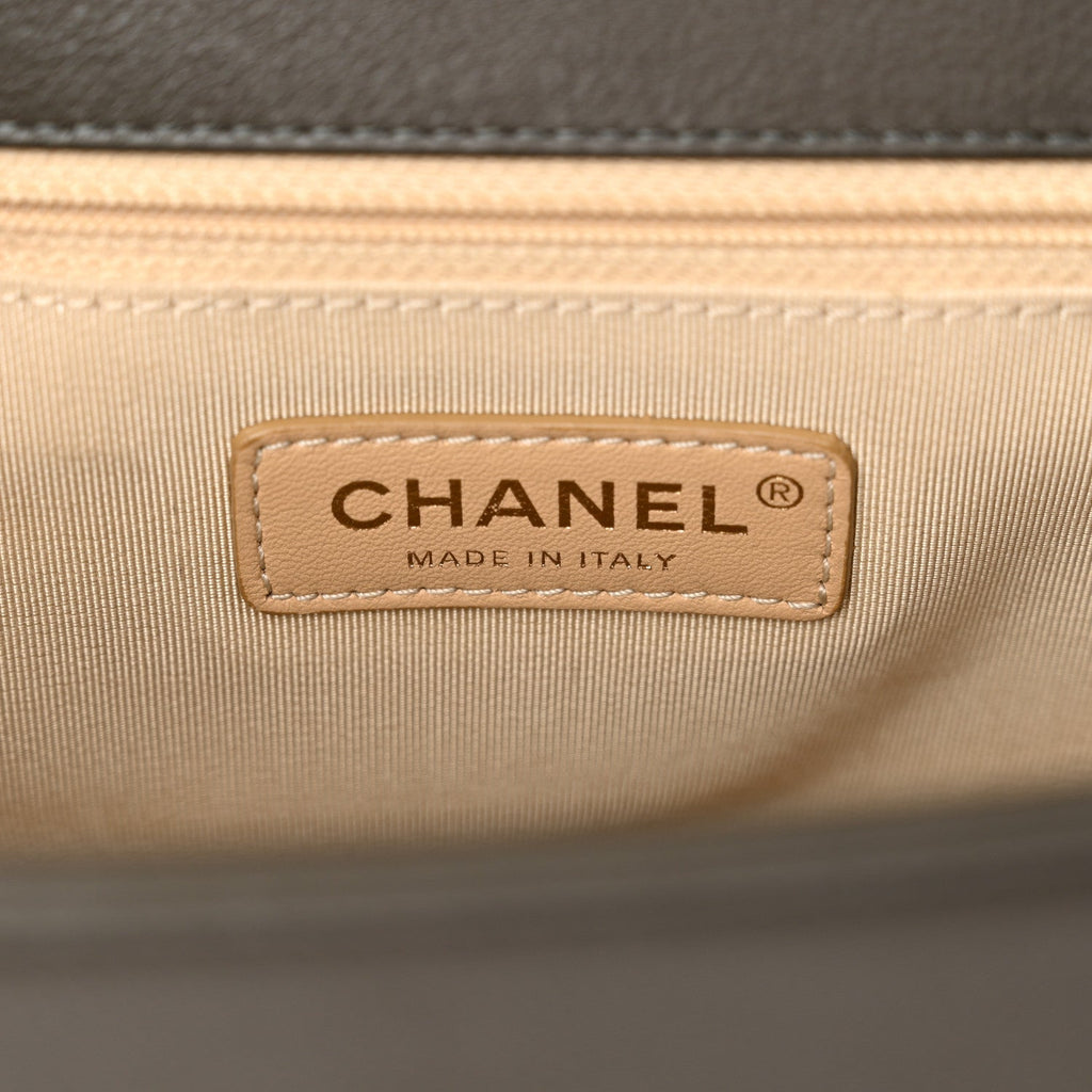 Grained Calfskin Quilted Large Label  Flap Bag Khaki