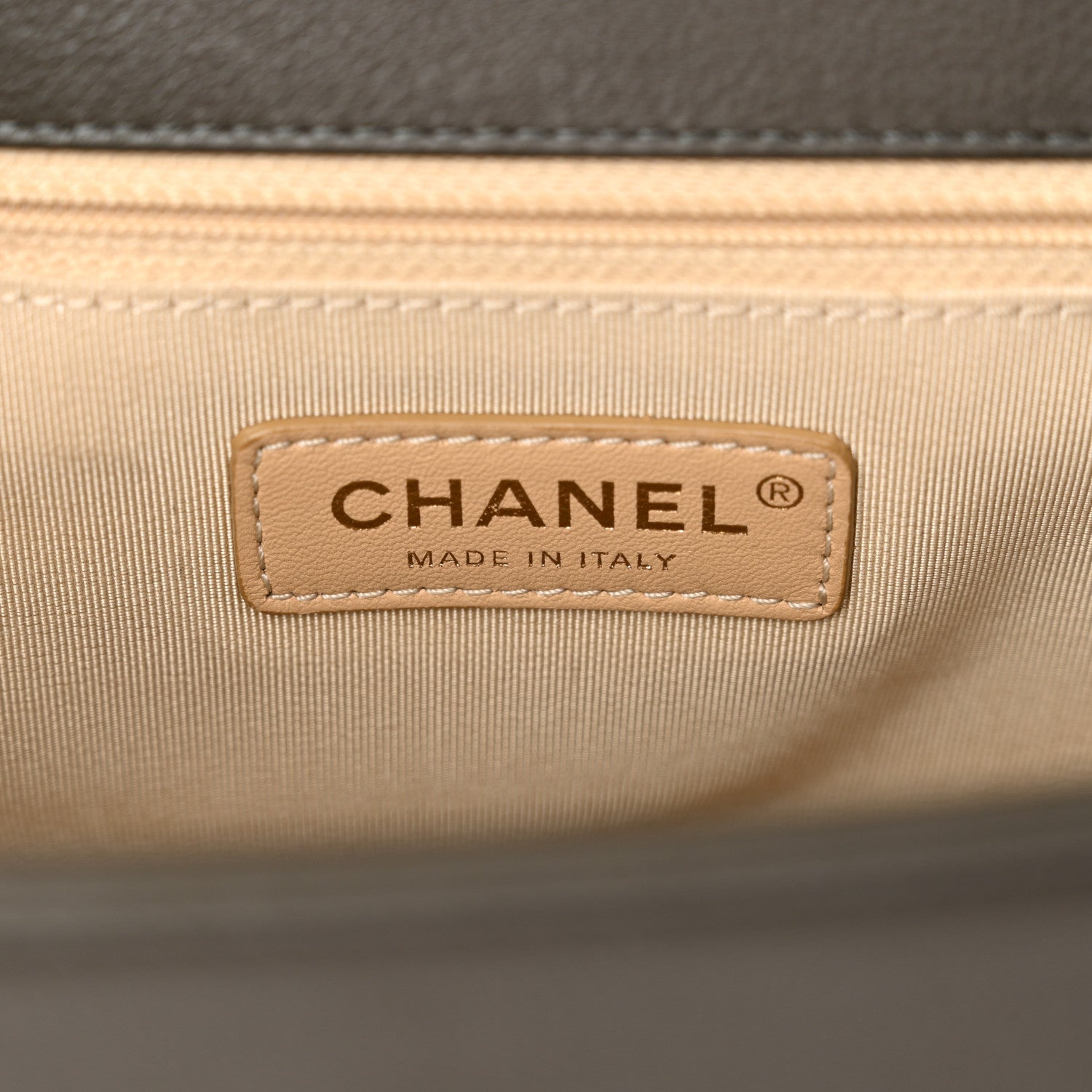 Grained Calfskin Quilted Large Label  Flap Bag Khaki