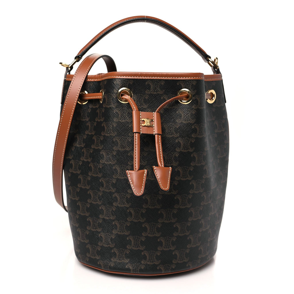 Triomphe Canvas Calfskin Clara Drawstring Bucket Bag Tan