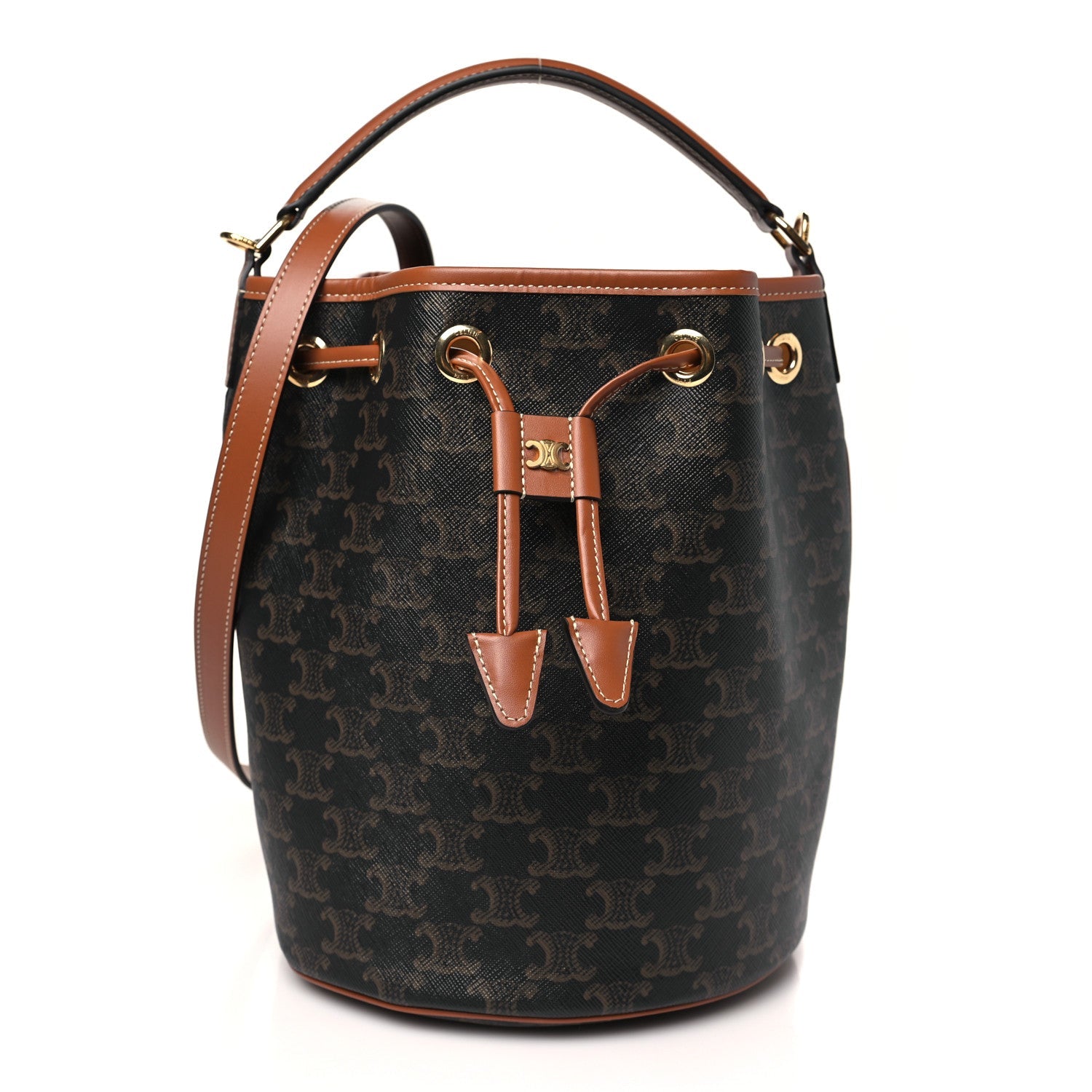 Triomphe Canvas Calfskin Clara Drawstring Bucket Bag Tan