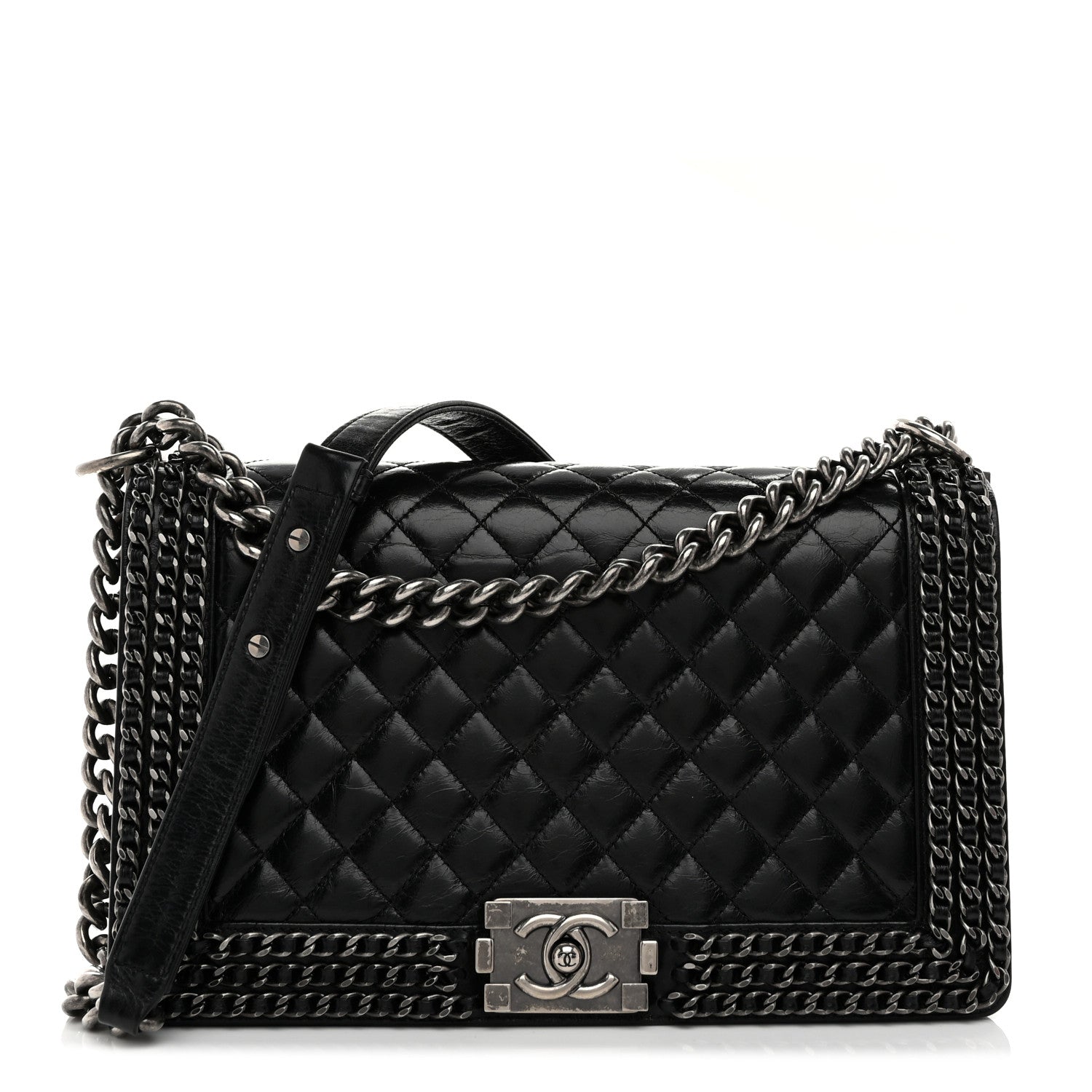Glazed Calfskin Quilted New Medium Boy Chained Flap Black