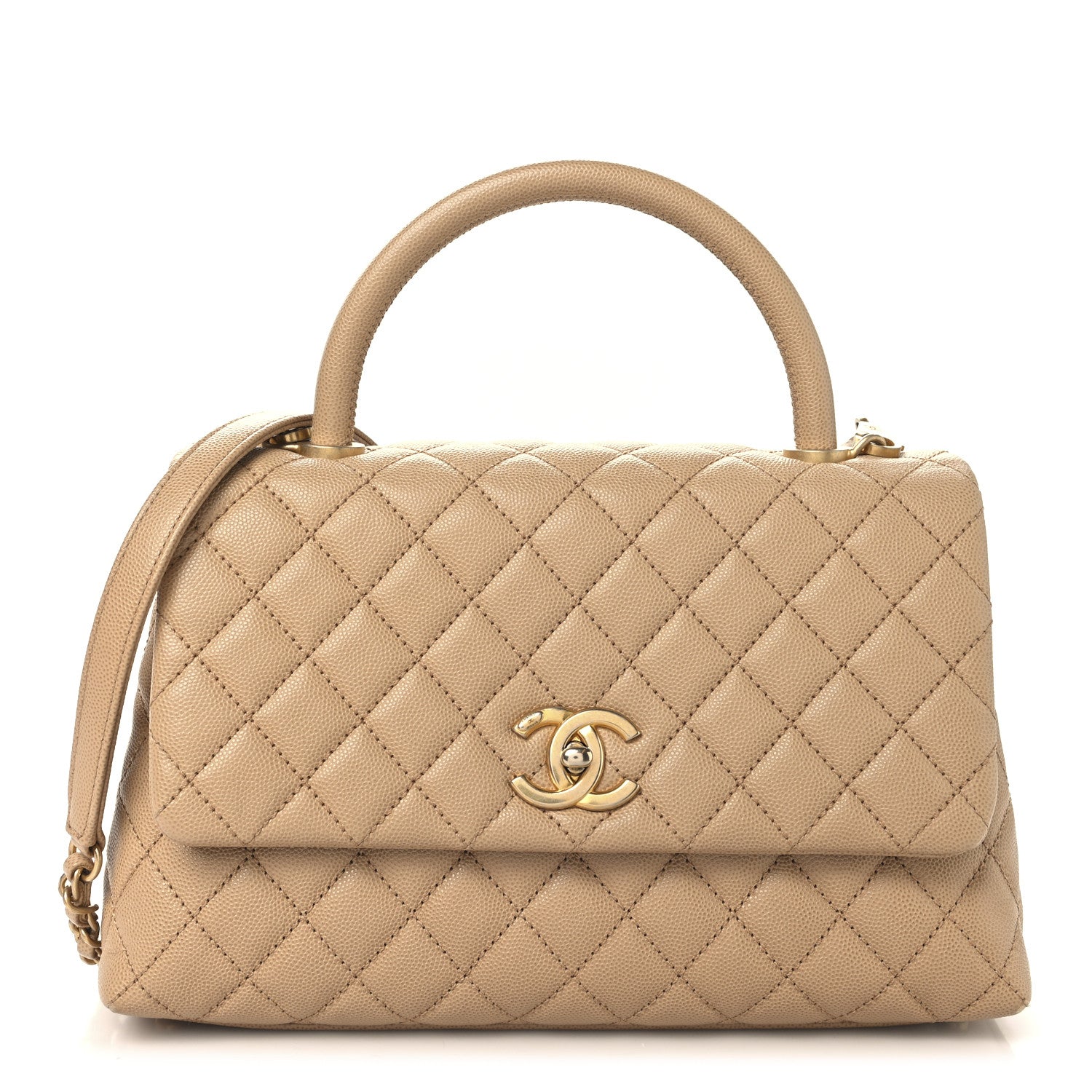 Caviar Quilted Small Coco Handle Flap Beige