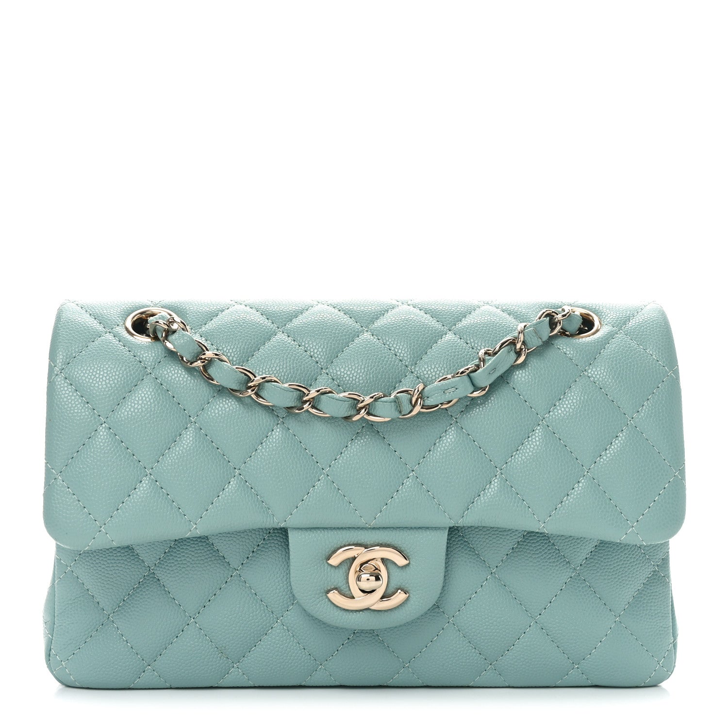 Caviar Quilted Small Double Flap Light Blue