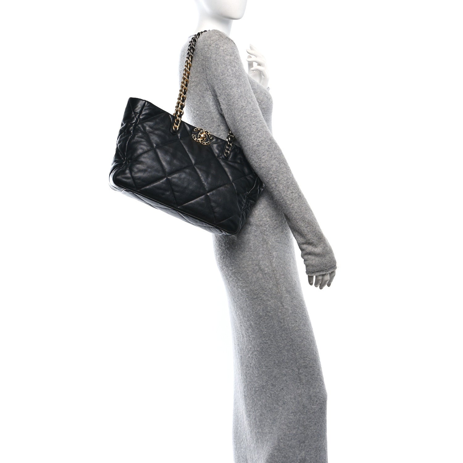Lambskin Quilted Chanel 19 East West Shopping Bag Black