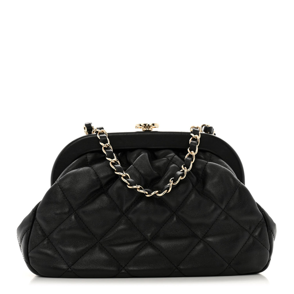 Lambskin Quilted CC Kisslock Clutch Black