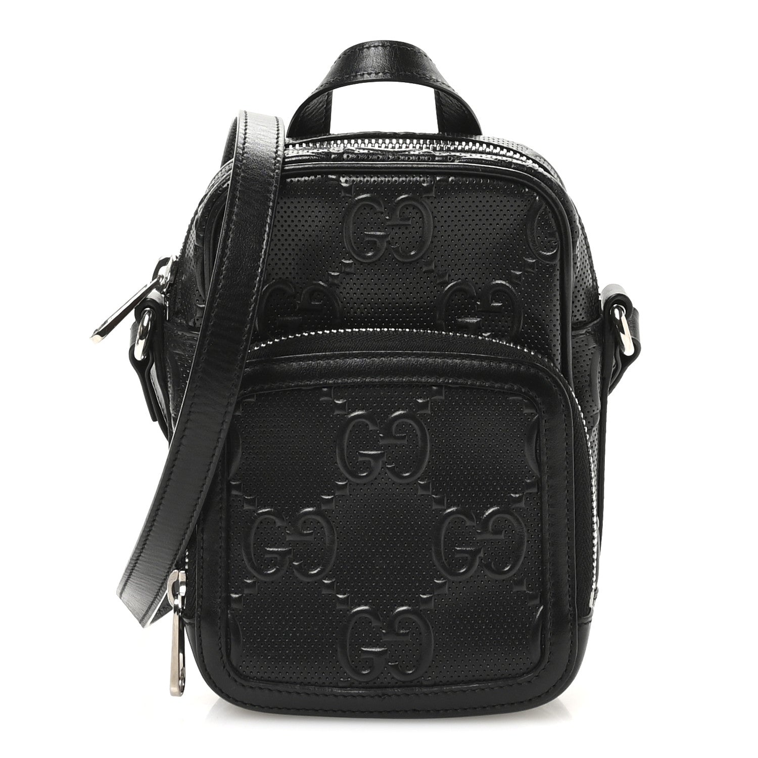 Calfskin GG Tennis Embossed Mini Double Zip Messenger Bag Black