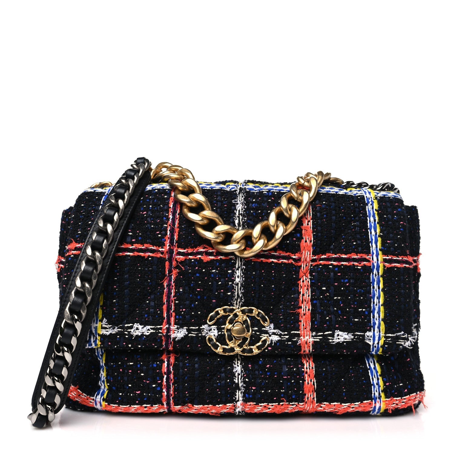 Tweed Quilted Large Chanel 19 Flap Black Orange Blue