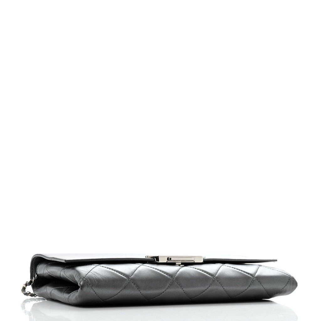Metallic Lambskin Quilted Retro Label Clutch Charcoal Grey