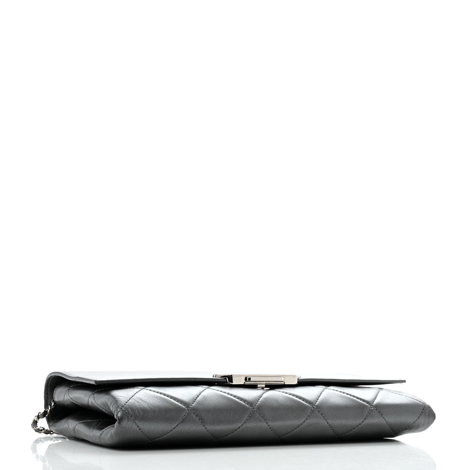 Metallic Lambskin Quilted Retro Label Clutch Charcoal Grey