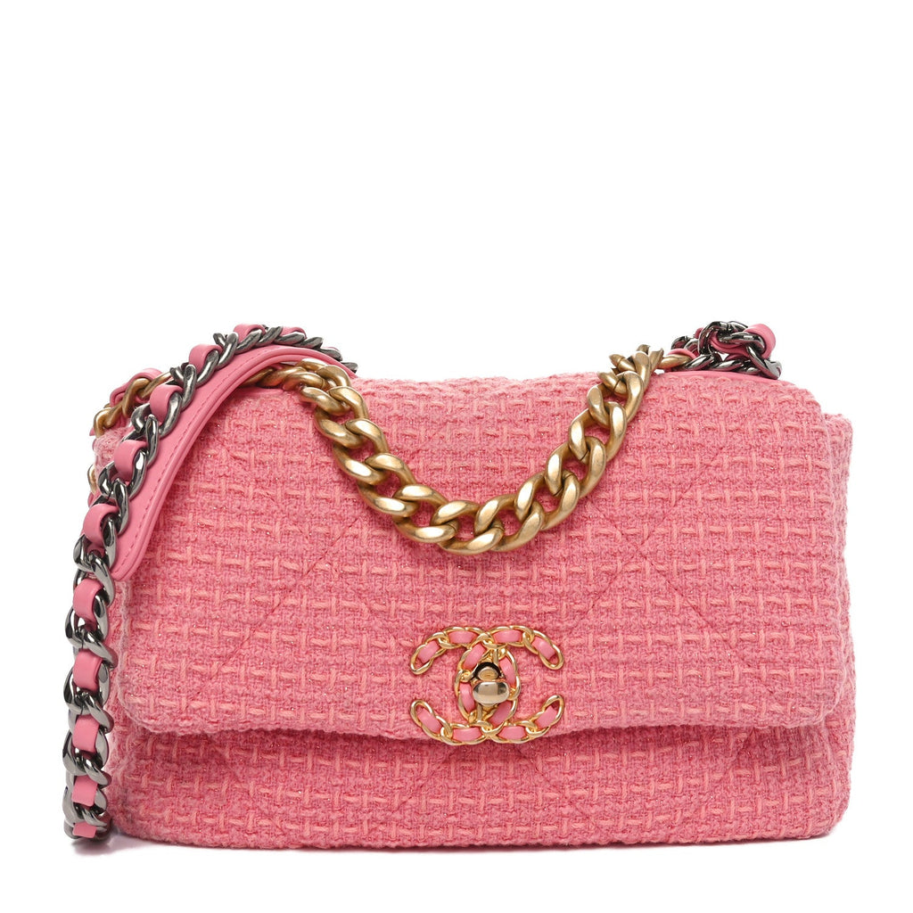 Metallic Tweed Quilted Medium Chanel 19 Flap Pink