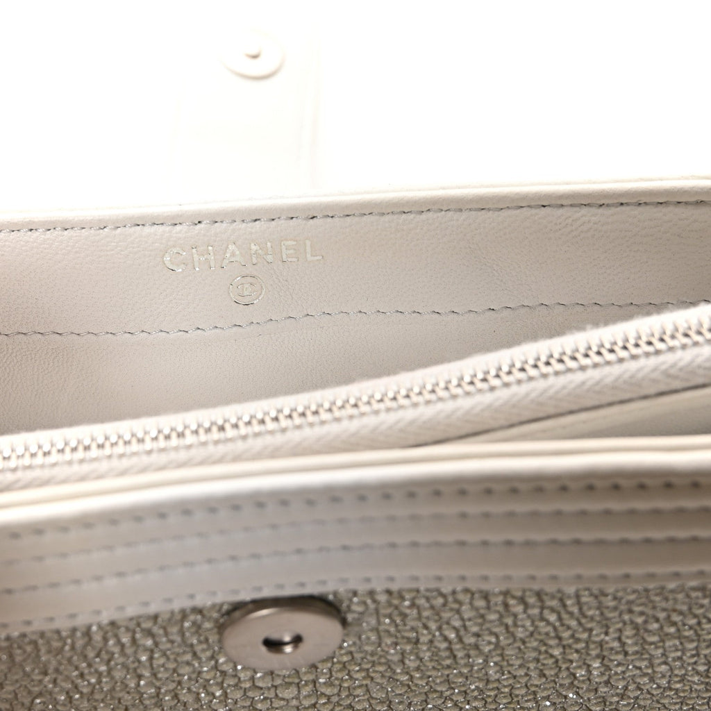 Metallic Galuchat Stingray Lambskin Mini Clutch With Removable Chain Silver