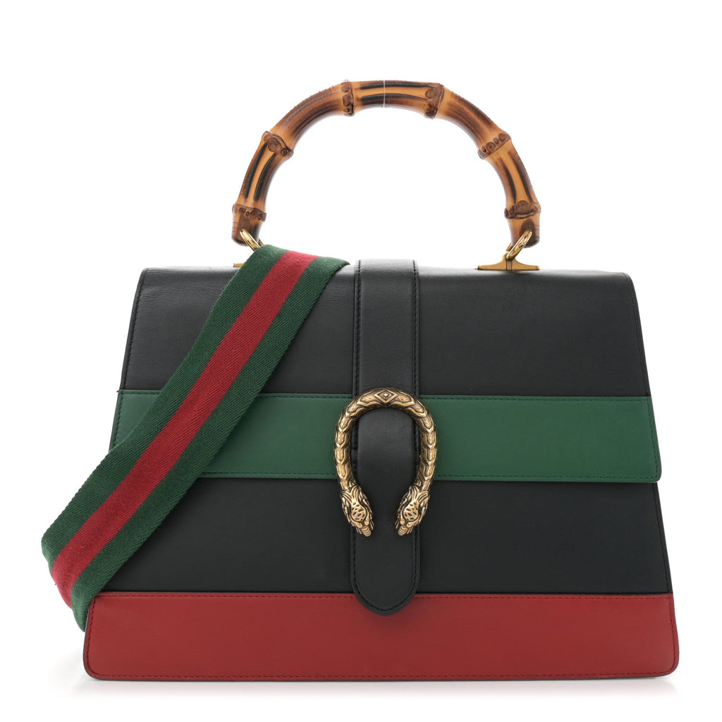 Calfskin Bamboo Web Large Dionysus Top Handle Bag Black Bright Evergreen Hibiscus Red