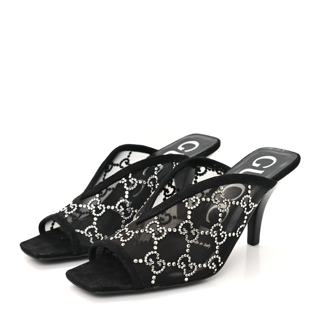 Tela Retino Kid Scamosciato Crystal GG Monogram Square G 95mm Slide Sandals 35 Black
