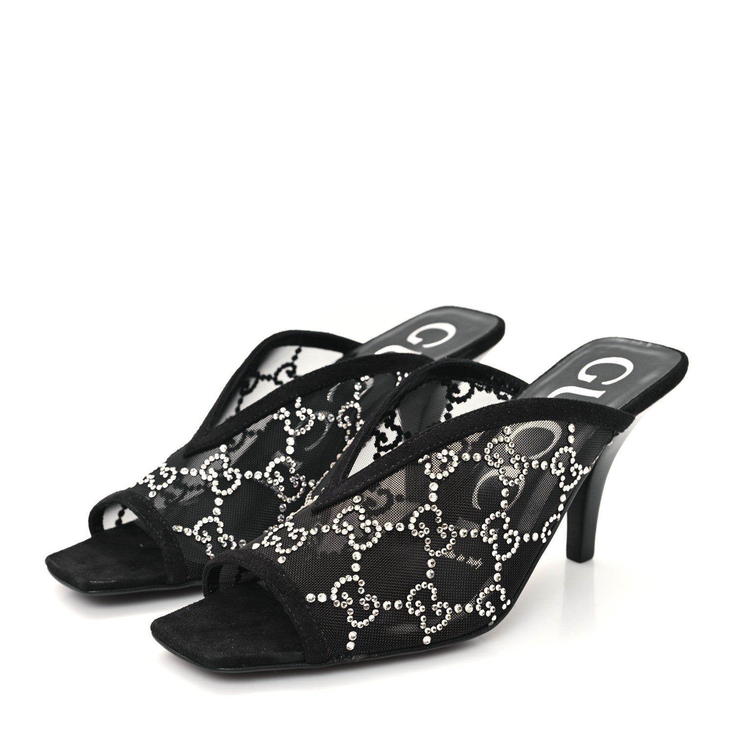 Tela Retino Kid Scamosciato Crystal GG Monogram Square G 95mm Slide Sandals 35 Black