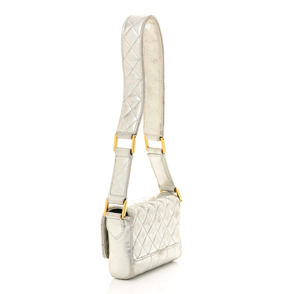 Metallic Goatskin Quilted Square Flap Shoulder Bag Silver