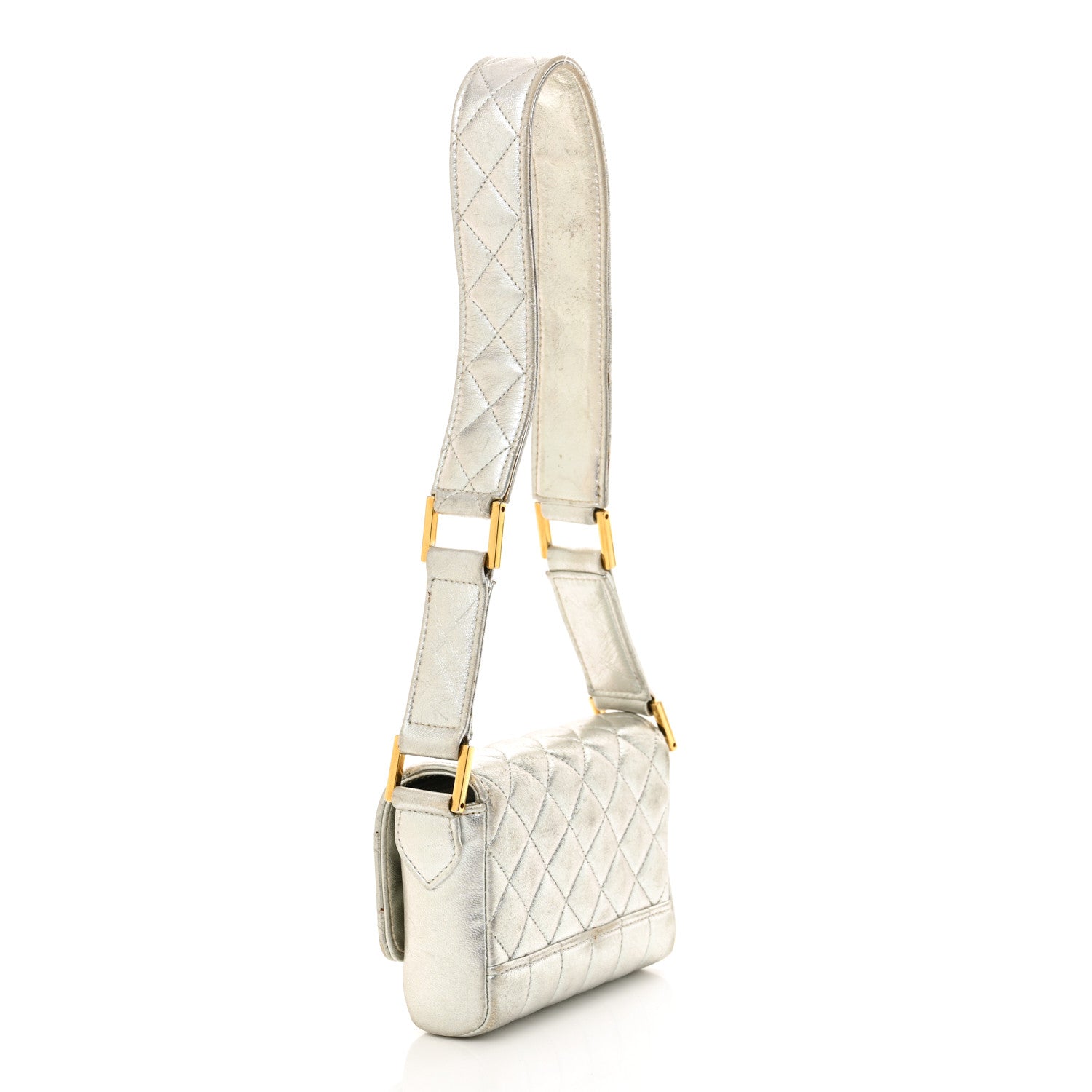Metallic Goatskin Quilted Square Flap Shoulder Bag Silver