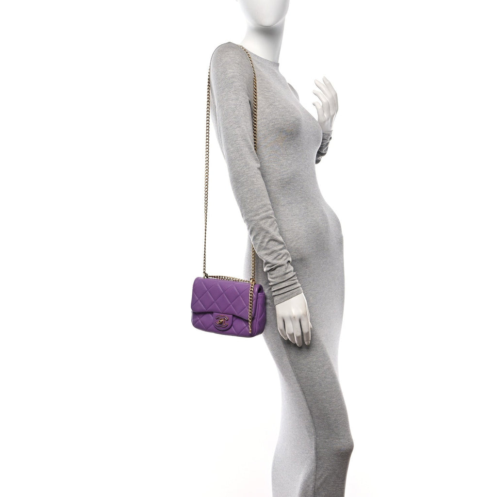 Lambskin Enamel Quilted Mini Pending CC Square Flap Purple