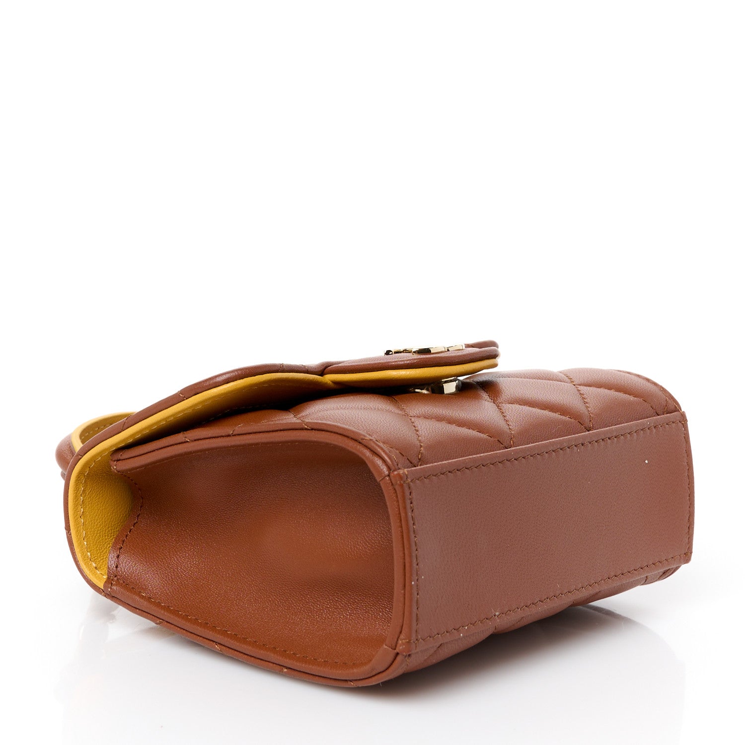 Lambskin Quilted Top Handle Flap Clutch With Chain Brown Yellow