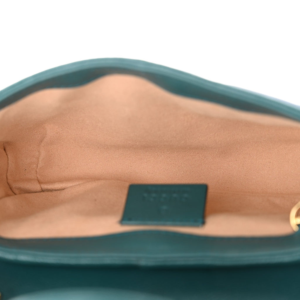 Azalea Calfskin Enamel Matelasse Diagonal Super Mini Torchon GG Marmont Shoulder Bag Imperial Blue Pavone