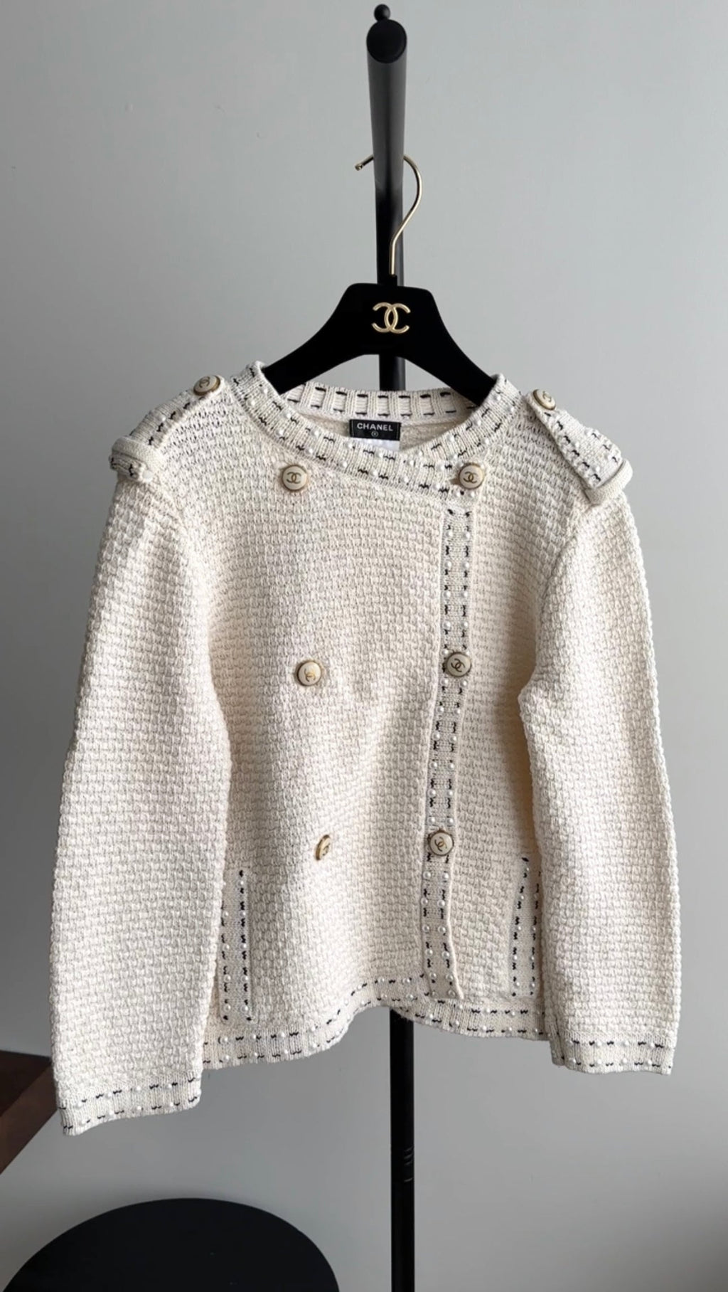 Chanel 16P Ivory Cotton / Cashmere Knit CC Pearl Jacket - FR36