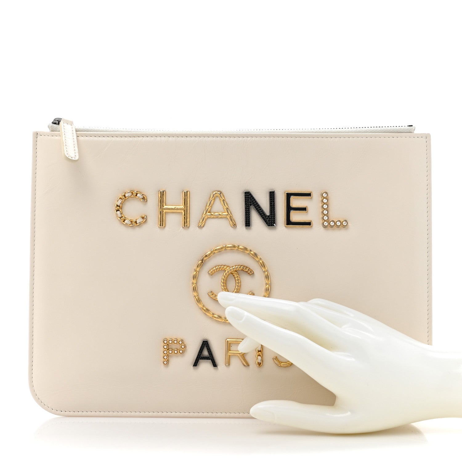 Shiny Calfskin Crystal Pearl Logo Cosmetic Case White