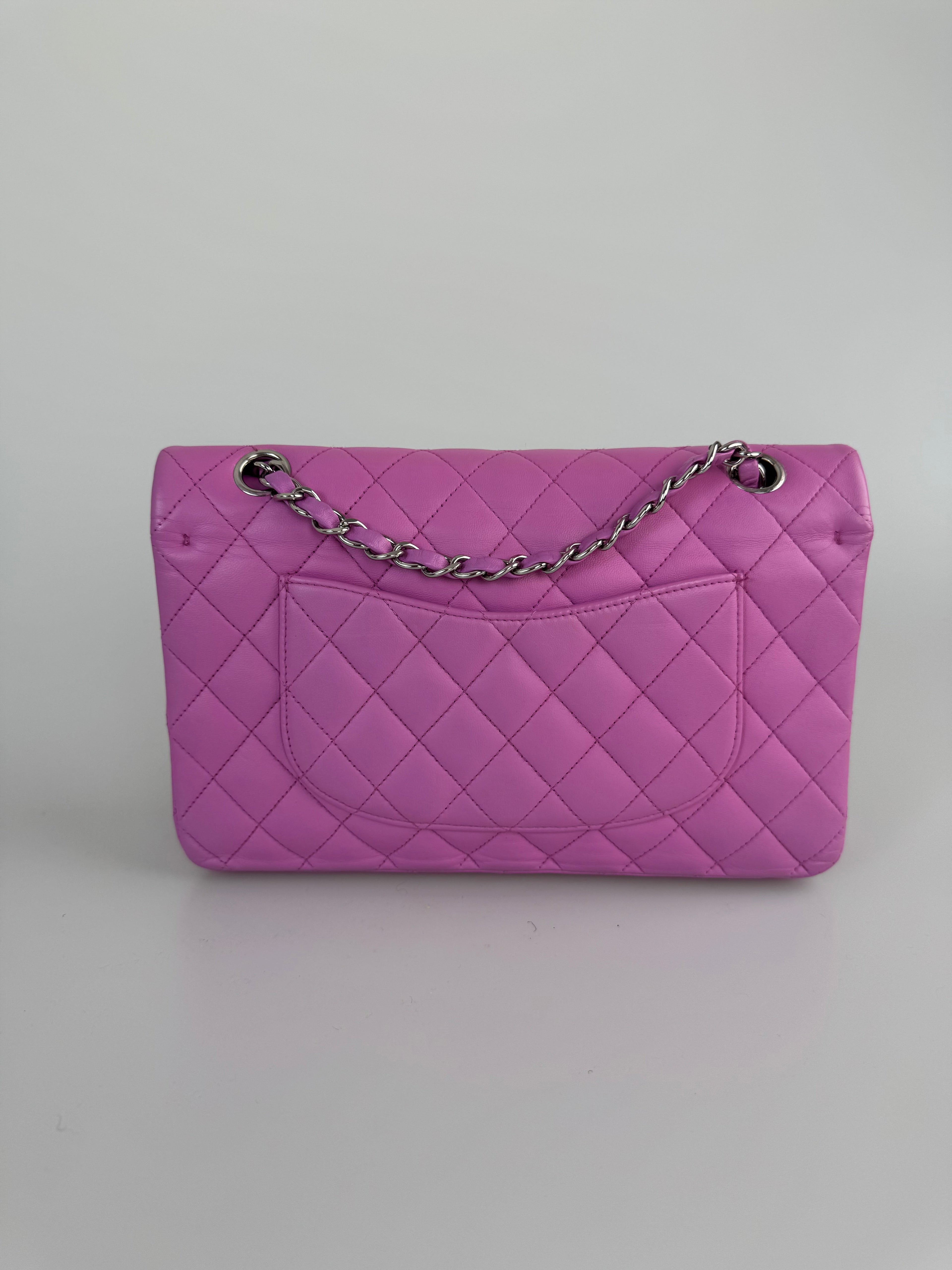 Chanel Medium Classic Double Flap Bag in Purple Leliac Lambskin Leather Silver Hardware