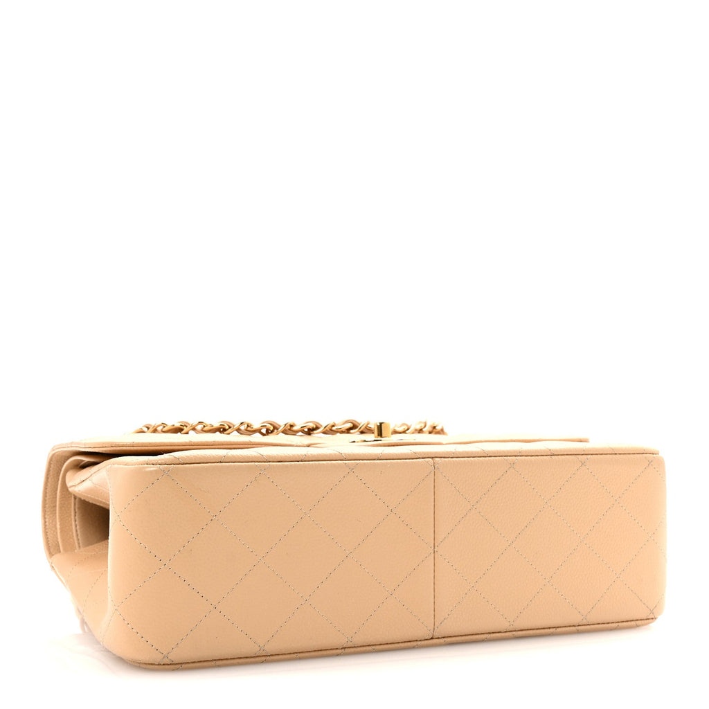 Caviar Quilted Jumbo Double Flap Beige