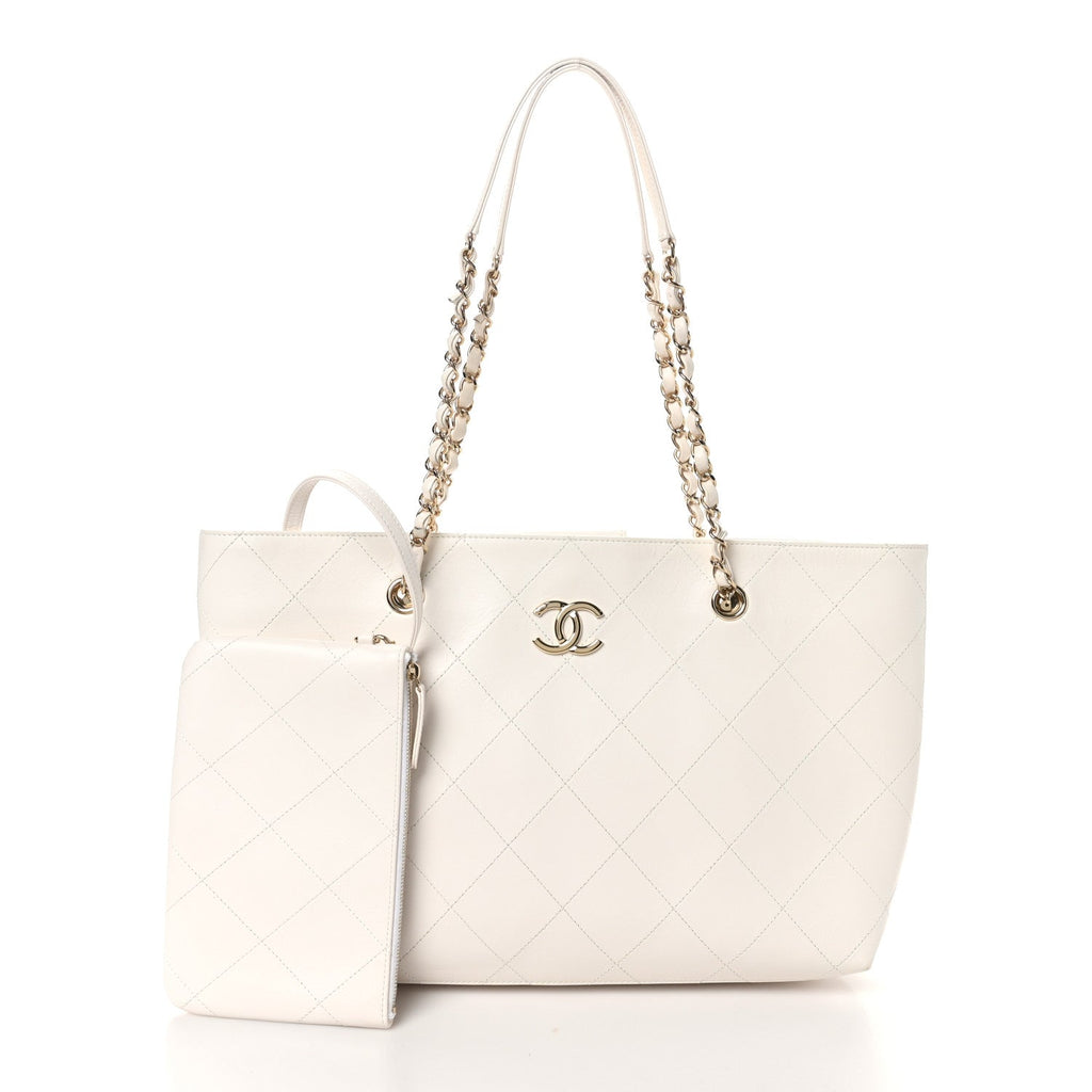 Glazed Calfskin Stitched Shopping Tote White