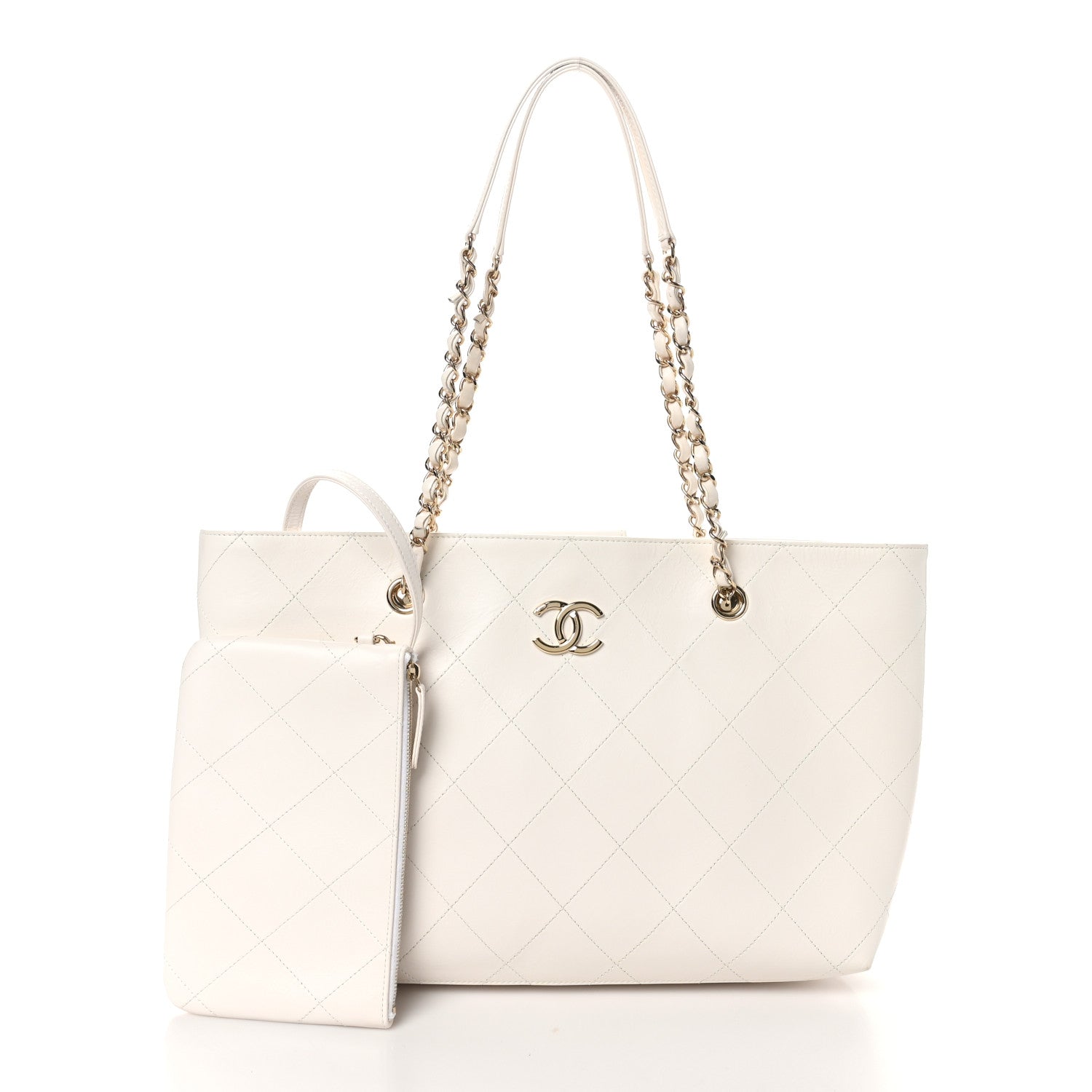 Glazed Calfskin Stitched Shopping Tote White