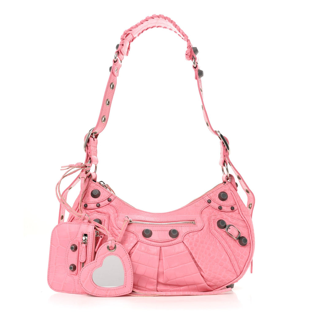 Extra Supple Calfskin Crocodile Embossed Small Le Cagole Shoulder Bag Sweet Pink