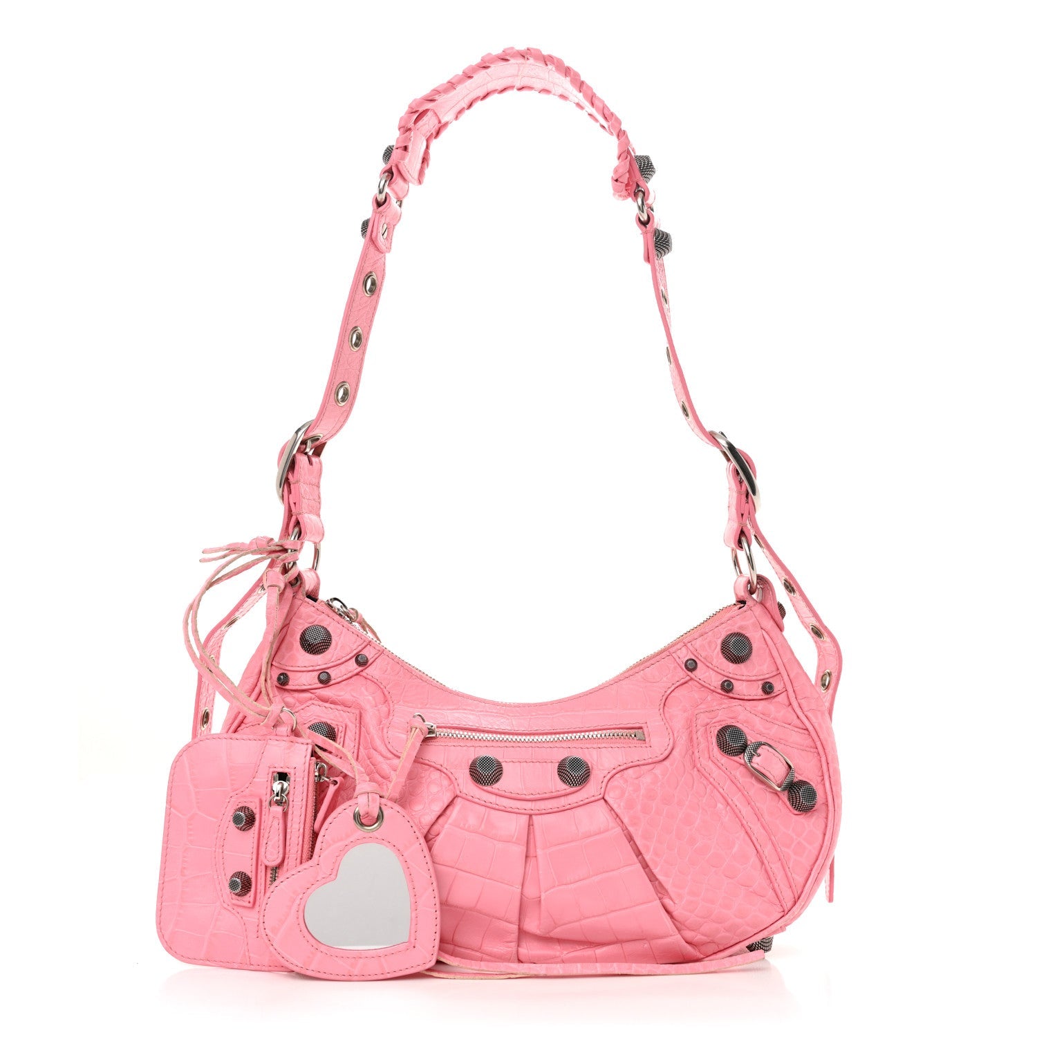 Extra Supple Calfskin Crocodile Embossed Small Le Cagole Shoulder Bag Sweet Pink