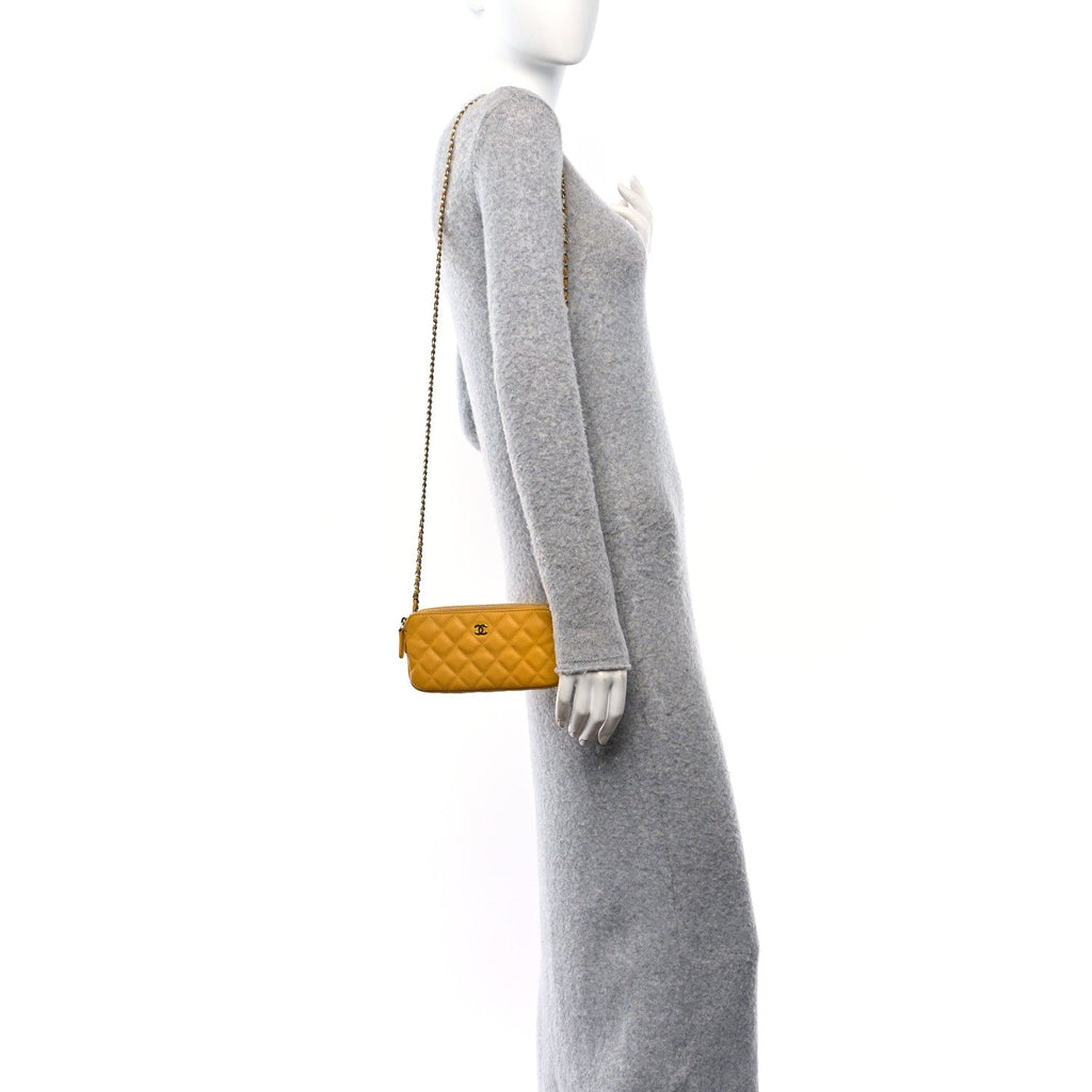 Caviar Quilted Small Clutch With Chain Yellow