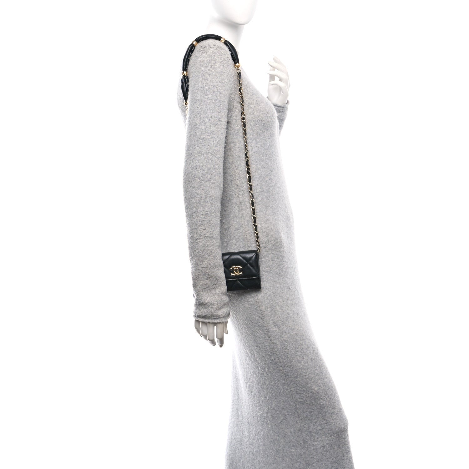 Lambskin Pearl Quilted CC Flap  Holder With Chain  Black