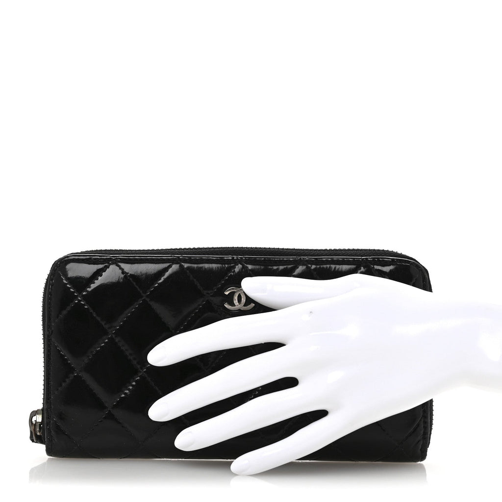 Patent Quilted Large Gusset Zip Around Wallet Black