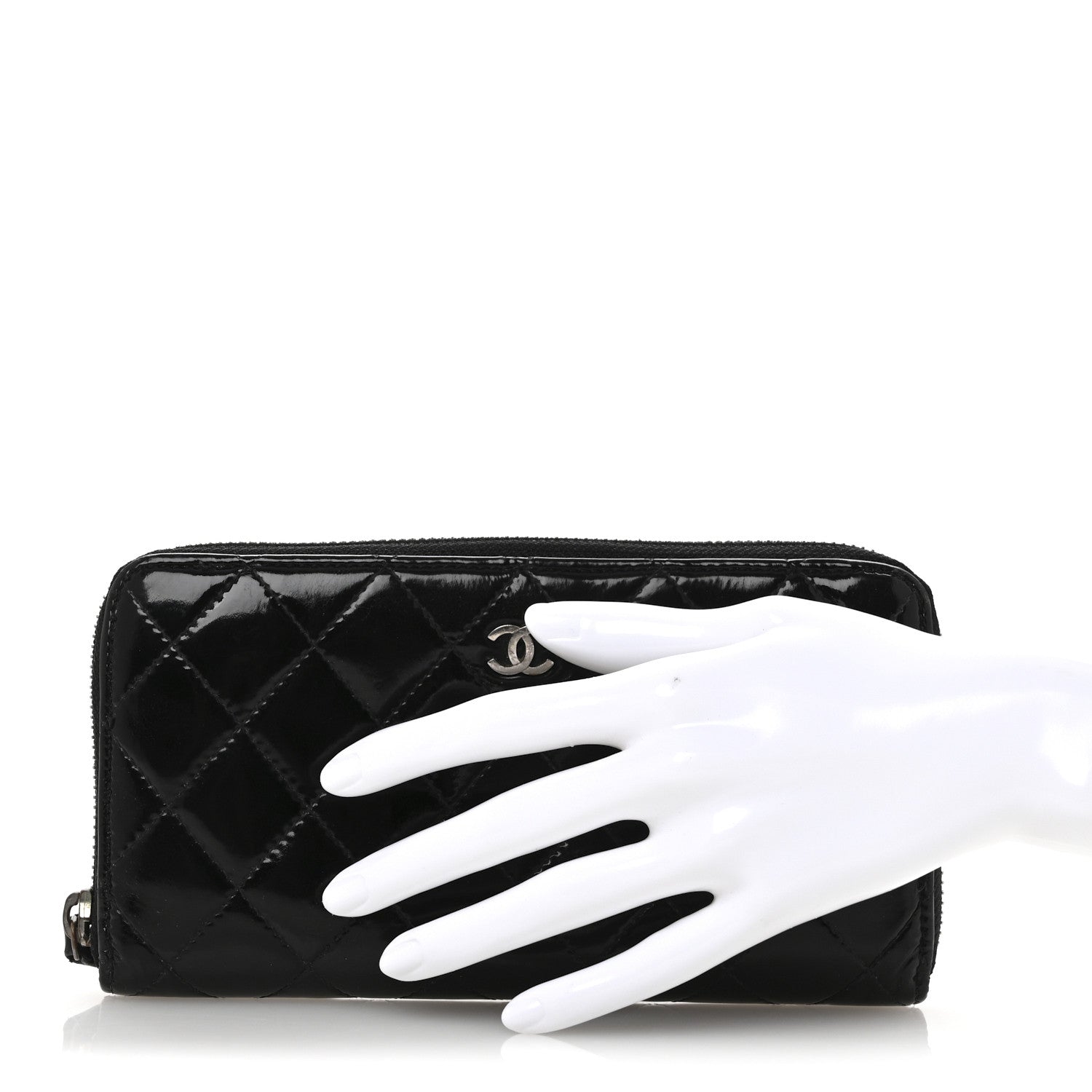 Patent Quilted Large Gusset Zip Around Wallet Black