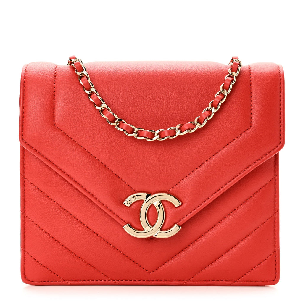 Calfskin Quilted Chevron Small Envelope Flap Red