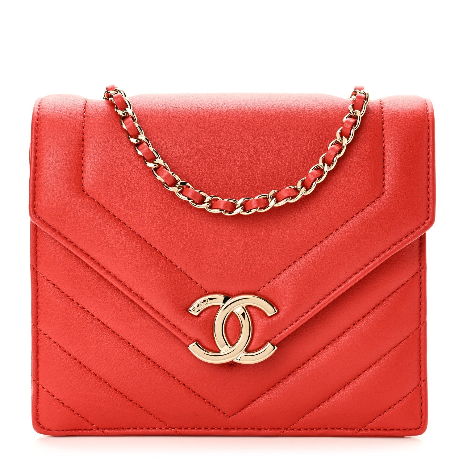Calfskin Quilted Chevron Small Envelope Flap Red