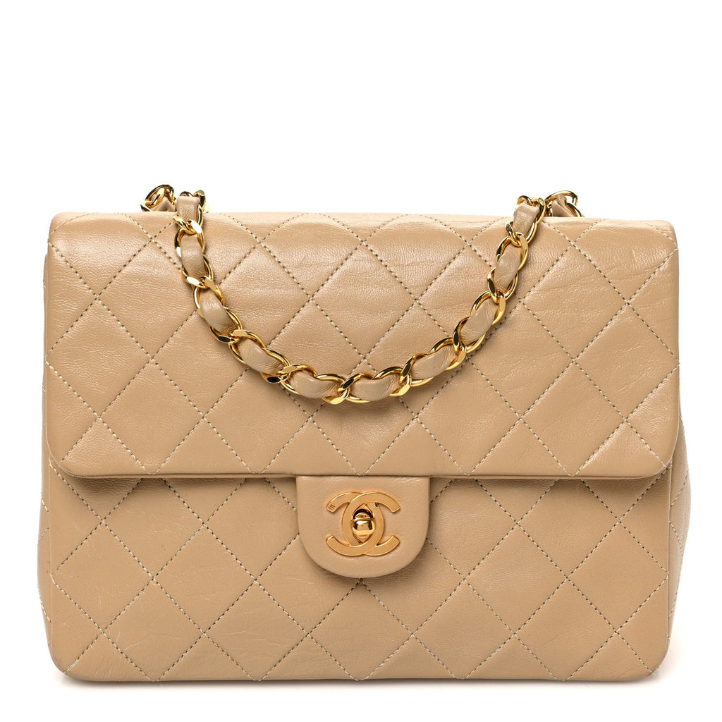 Lambskin Quilted Mini Square Flap Beige