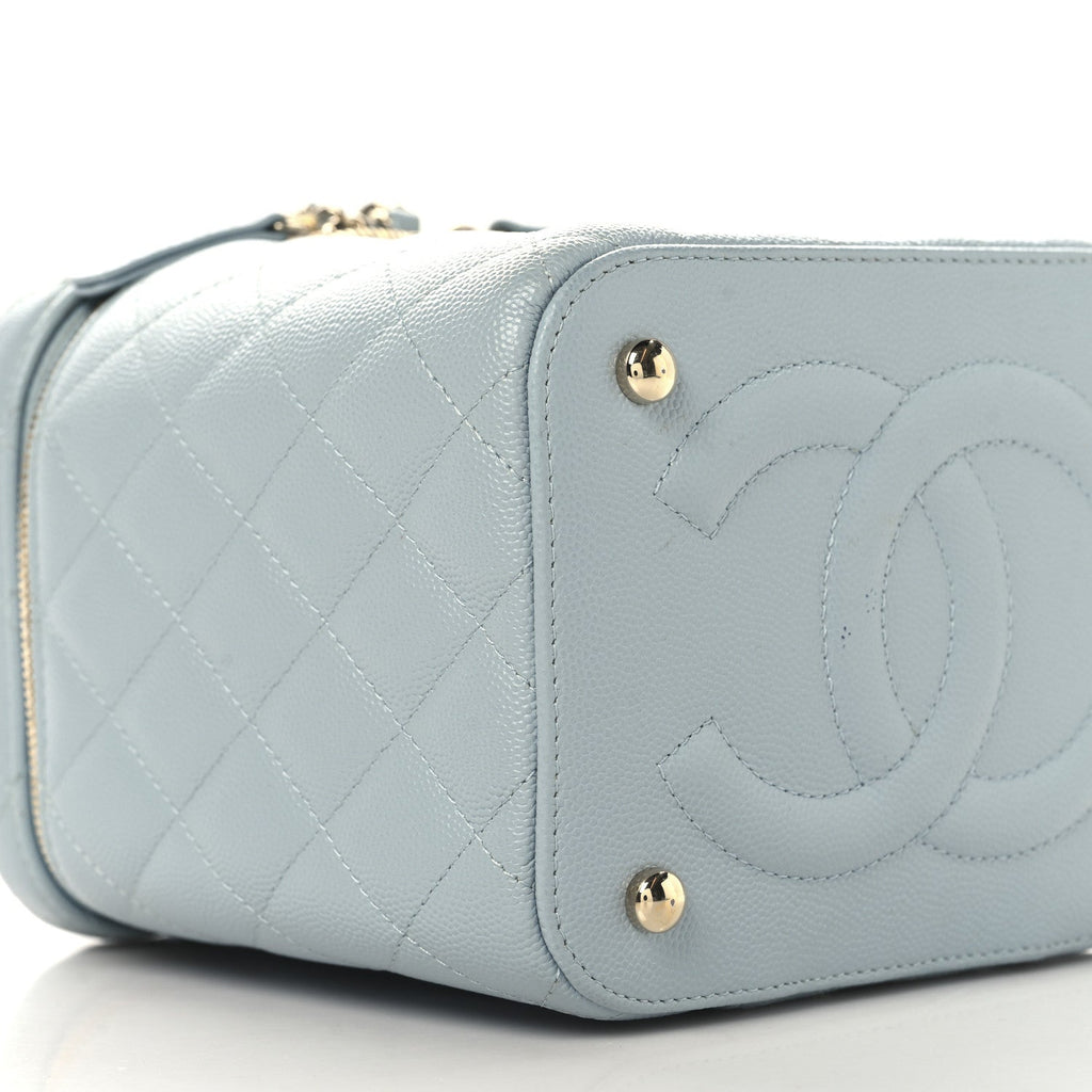 Caviar Quilted Small Top Handle Vanity Case With Chain Light Blue