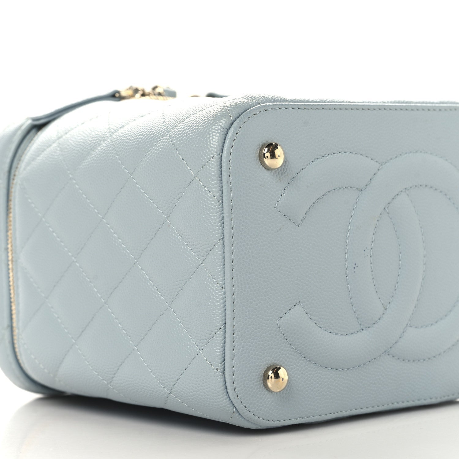 Caviar Quilted Small Top Handle Vanity Case With Chain Light Blue